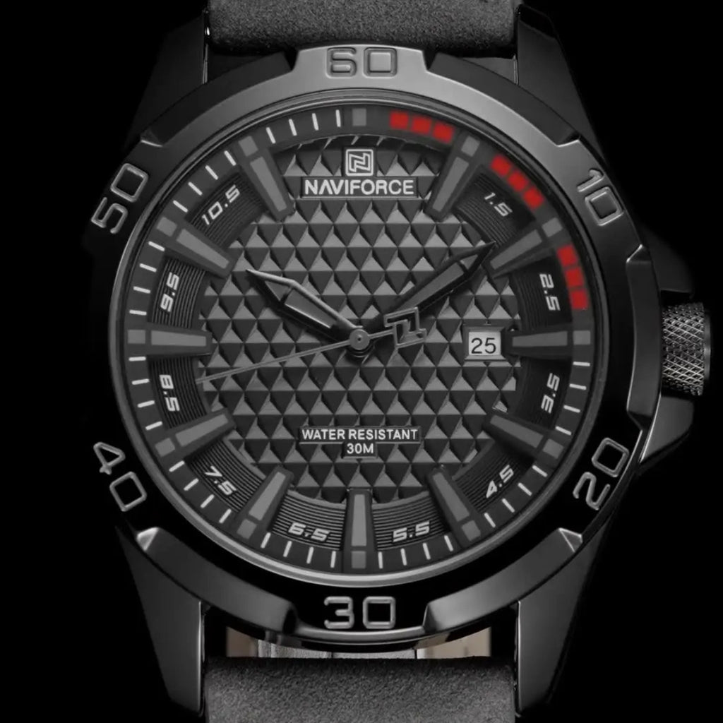 NAVIFORCE 8023 Men’s Original Fashion Watch – Waterproof Quartz Leather Wristwatch with Calendar Gray