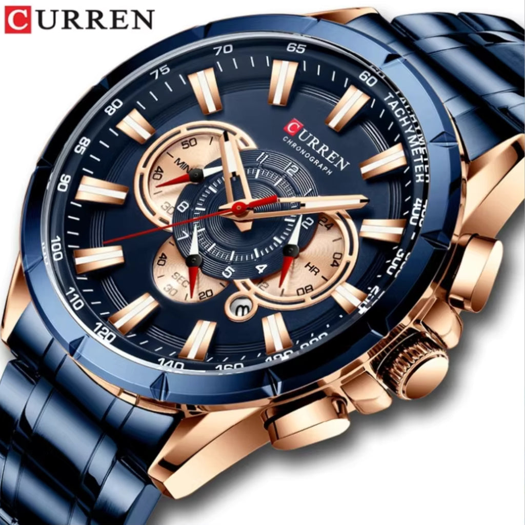 Curren 8363 Men's Watch Multifunctional Waterproof Chronograph Quartz  Blue and Gold
