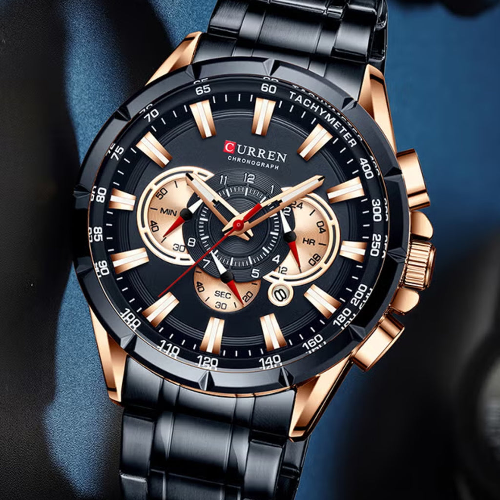 Curren 8363 Men's Watch Multifunctional Waterproof Chronograph Quartz  Black and Gold