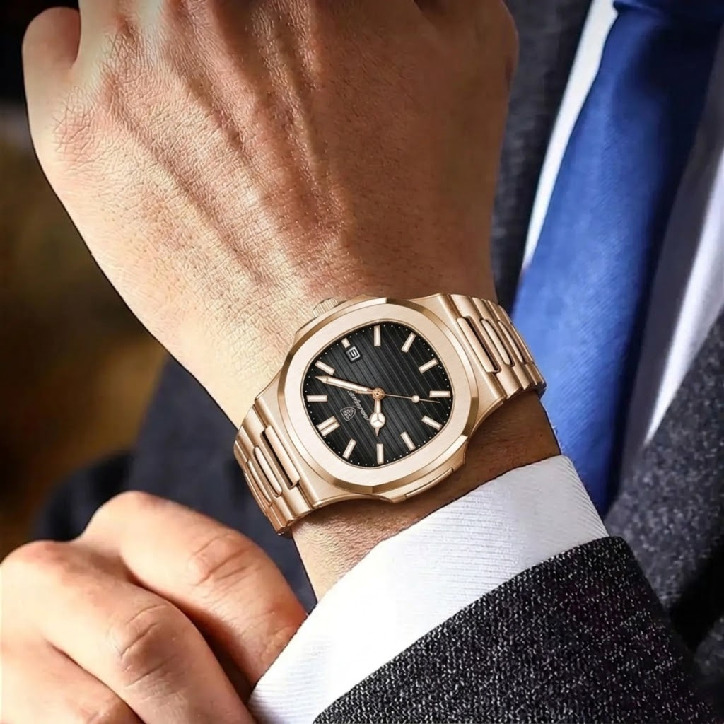 Poedagar 613 Men’s Luxury Stainless Steel Watch – Waterproof Quartz Wristwatch with Luminous Dial Rose Black