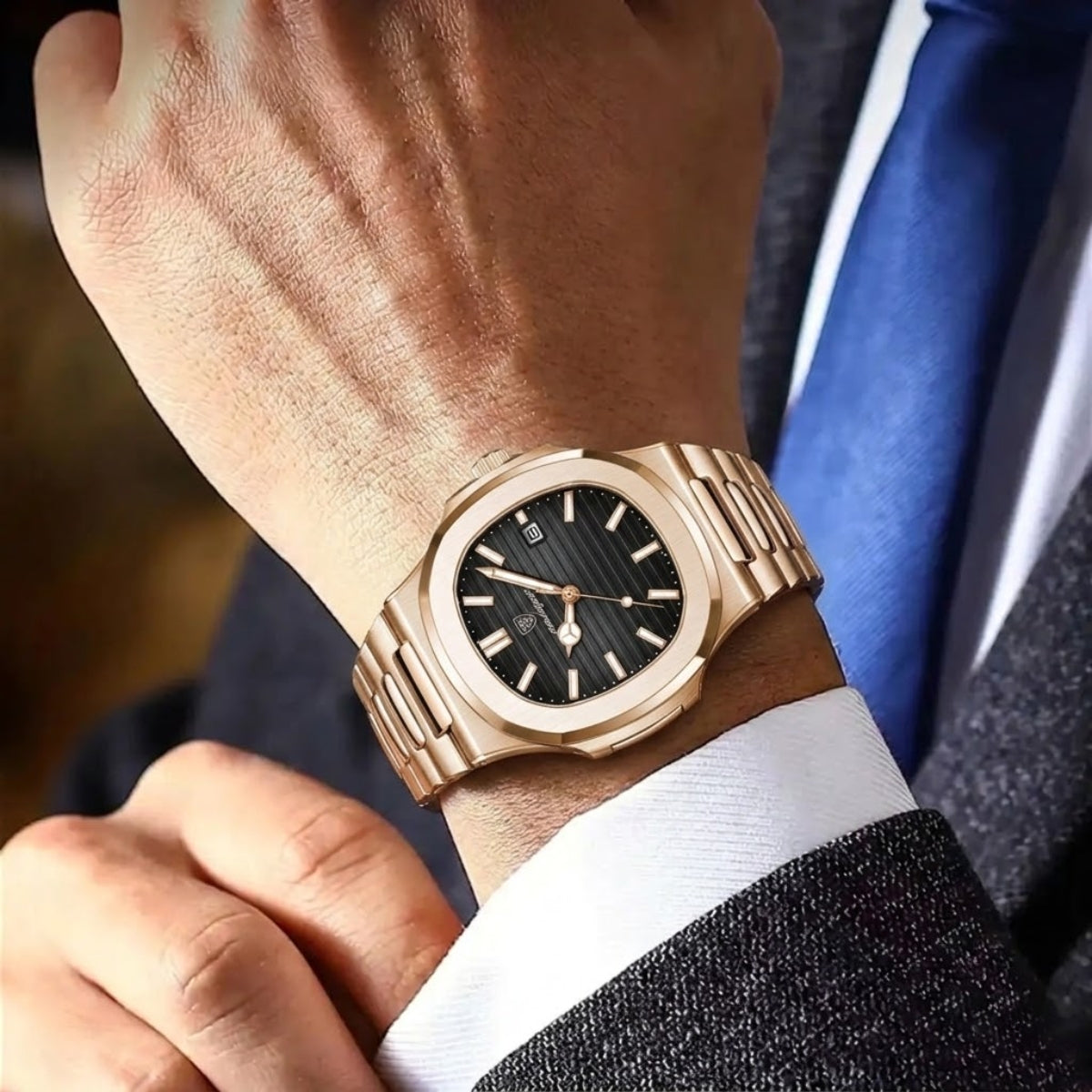 Poedagar 613 Men’s Luxury Stainless Steel Watch – Waterproof Quartz Wristwatch with Luminous Dial Rose Black