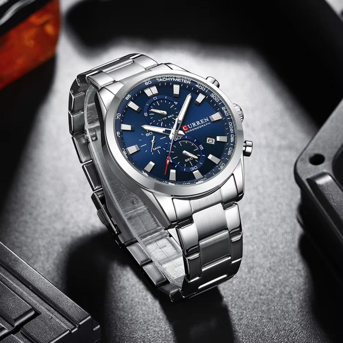 CURREN 8445 Men’s Casual Sport Chronograph Watch Stainless Steel Band with Auto-Date and Blue Dial