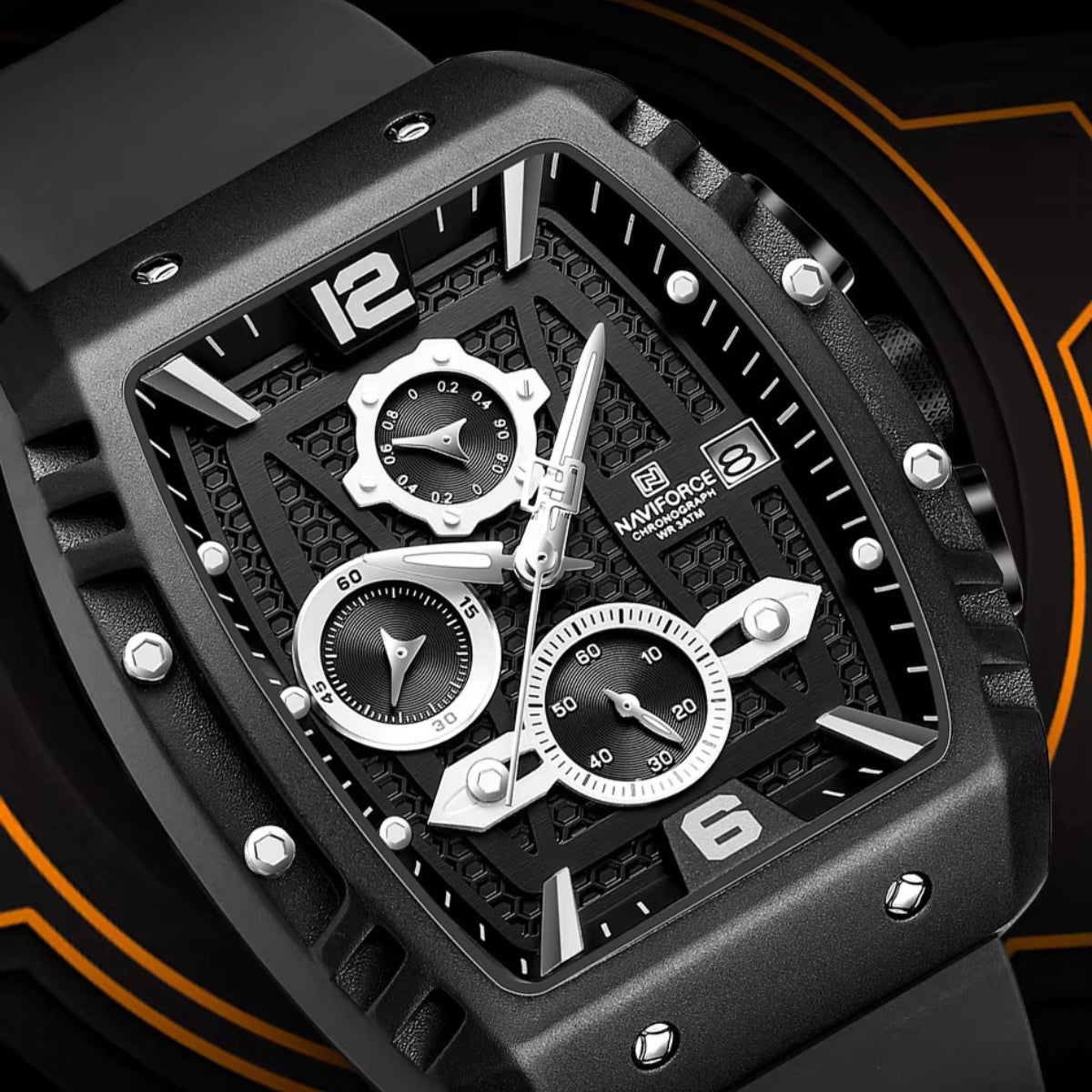 NAVIFORCE 8025 Men’s  Designer Watch – New Quartz Chronograph with Rubber Strap - Black