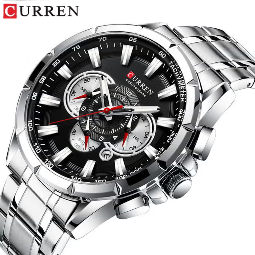 Curren 8363 Men's Watch Multifunctional Waterproof Chronograph Quartz Silver and Black