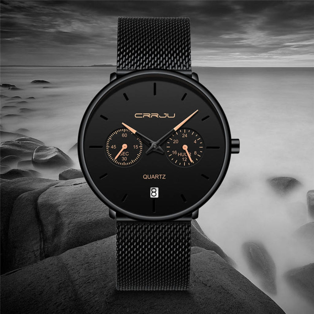 CRRJU 2162 Men's Stainless Mesh Steel Quartz Watch – Waterproof Casual Dress Timepiece with Date Calendar Black Beige