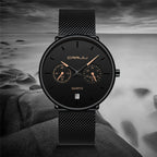 CRRJU 2162 Men's Stainless Mesh Steel Quartz Watch – Waterproof Casual Dress Timepiece with Date Calendar Black Beige