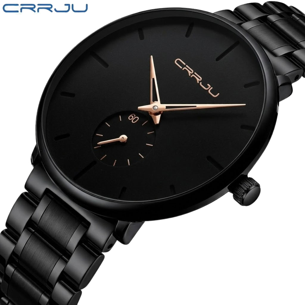 CRRJU 2150 Luxury Quartz Watch – Premium Stainless Steel Band, Casual Black Wristwatch for Men Black Gold