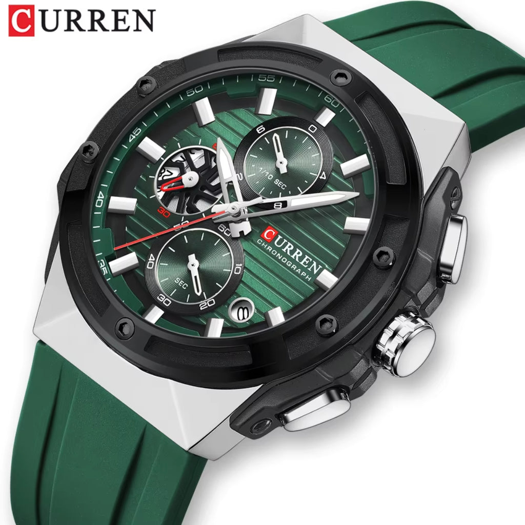 CURREN 8462 Men’s Sport Chronograph Luminous Waterproof Watch with Silicone Strap & Date Green Silver