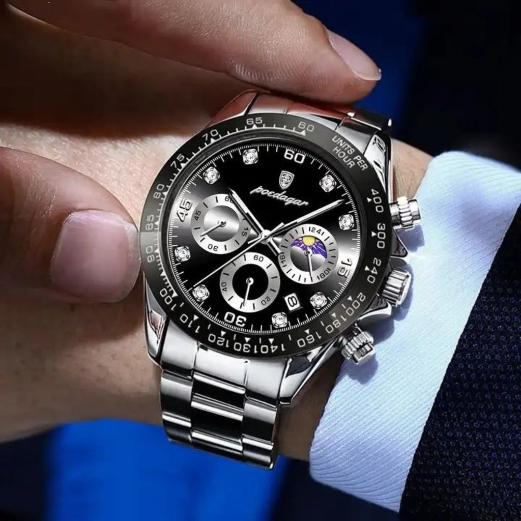 POEDAGAR 629 Men’s Luxury Sport Watch – Stainless Steel Chronograph Quartz with Luminous Date & Waterproof Silver and Black
