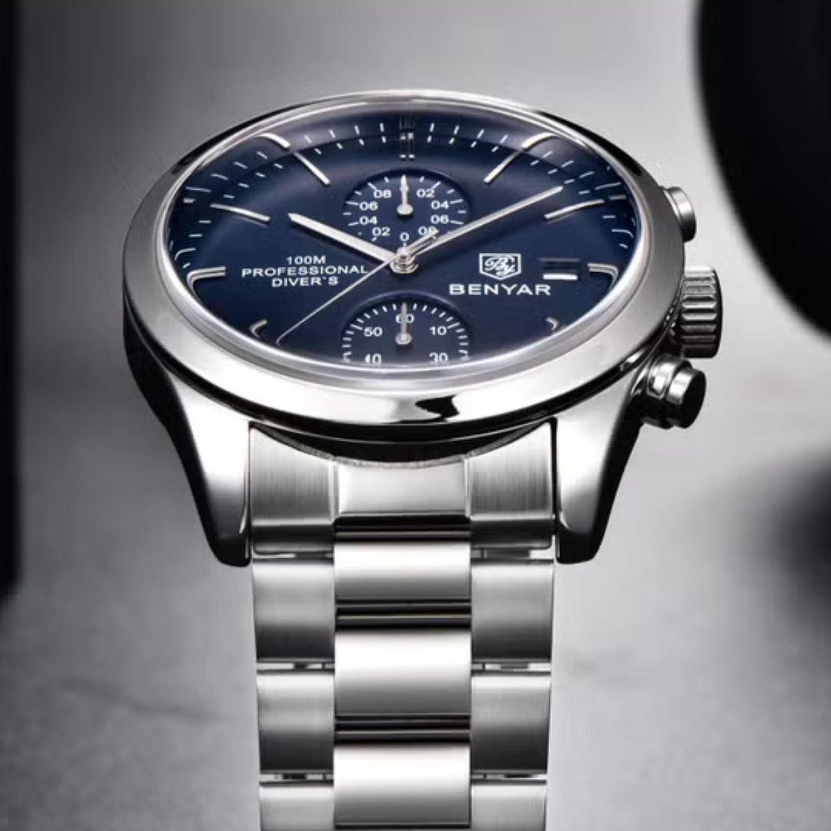 BENYAR 5187 Men’s Luxury Quartz Watch – Stainless Steel Band Chronograph Blue Dial