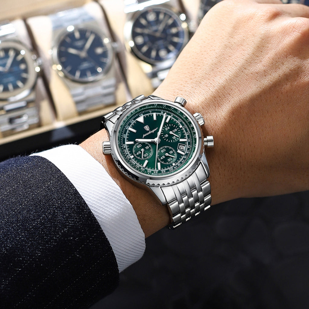 Poedagar 960 Men’s Luxury Watch – Stainless Steel Chronograph Waterproof Quartz with Luminous Green Dial