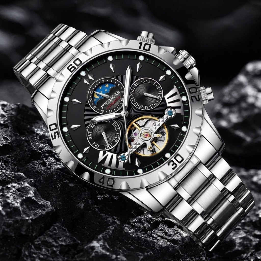 Poedagar 1410 Men’s Automatic Watch – Luxury Stainless Steel Hollow Tourbillon Mechanical Wristwatch Black Dial
