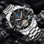 Poedagar 1410 Men’s Automatic Watch – Luxury Stainless Steel Hollow Tourbillon Mechanical Wristwatch Black Dial
