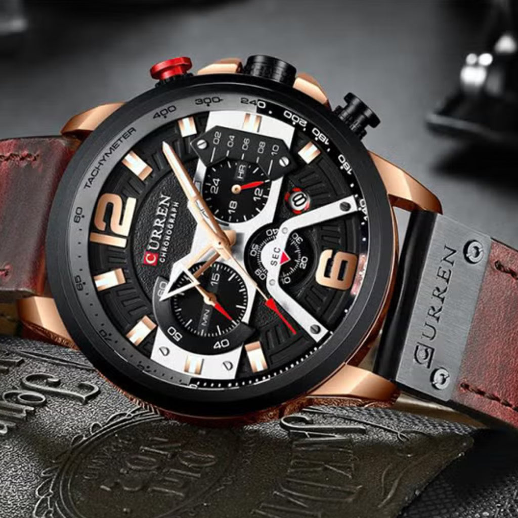 CURREN 8329 Men Watch Leather Sports Watch Quartz Fashion Chronograph Waterproof Brown