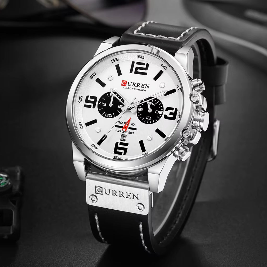 Curren 8314 Men Sport Chronograph Watch Top Fashion Genuine Leather Wristband Waterproof Quartz White