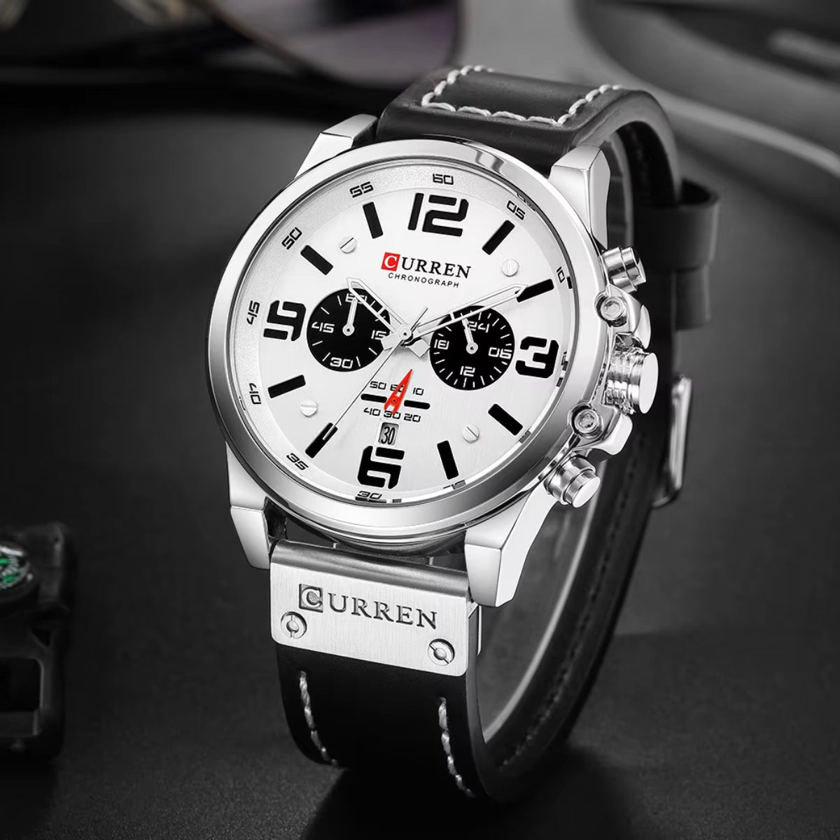 Curren 8314 Men Sport Chronograph Watch Top Fashion Genuine Leather Wristband Waterproof Quartz White
