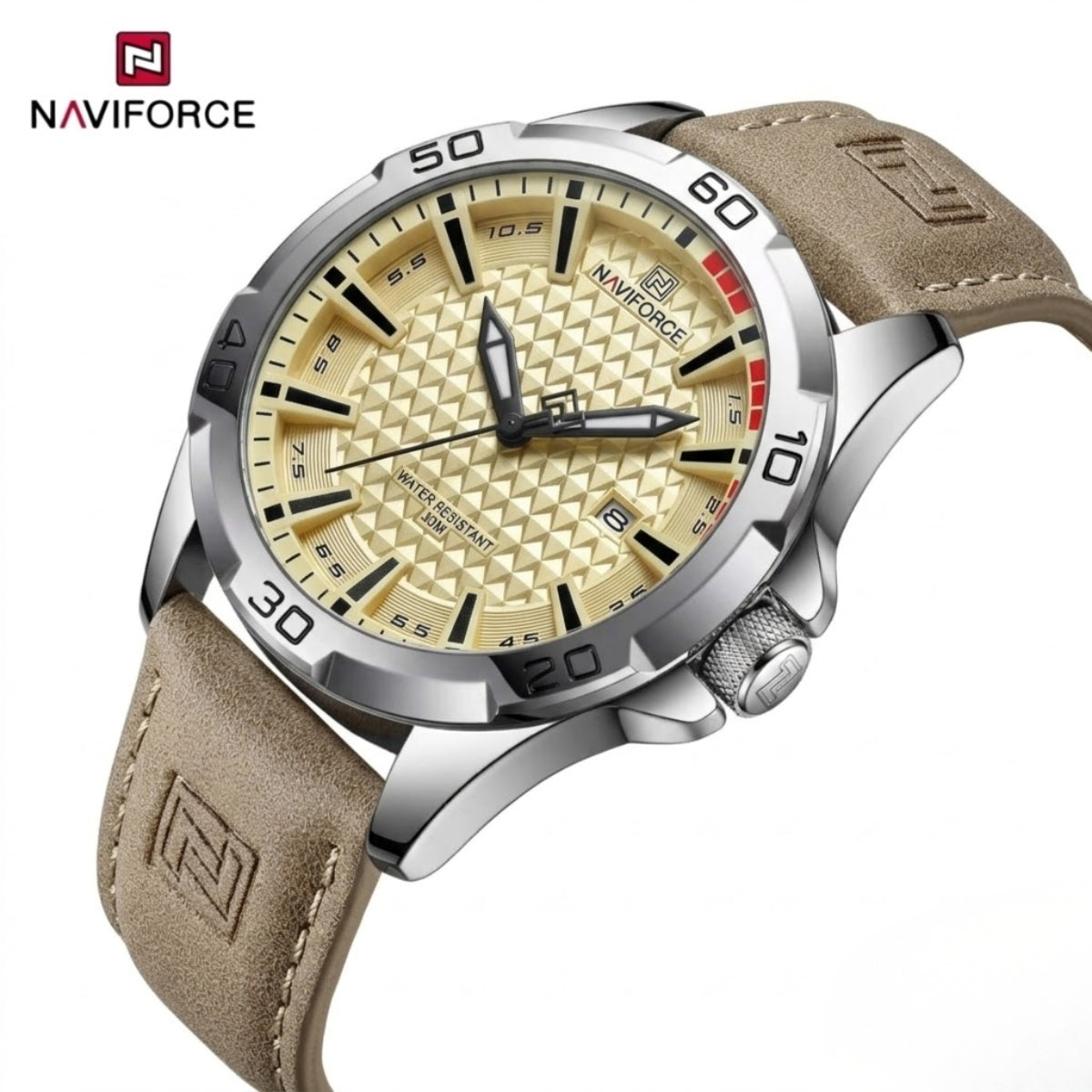NAVIFORCE 8023 Men’s Original Fashion Watch – Waterproof Quartz Leather Wristwatch with Calendar Khaki