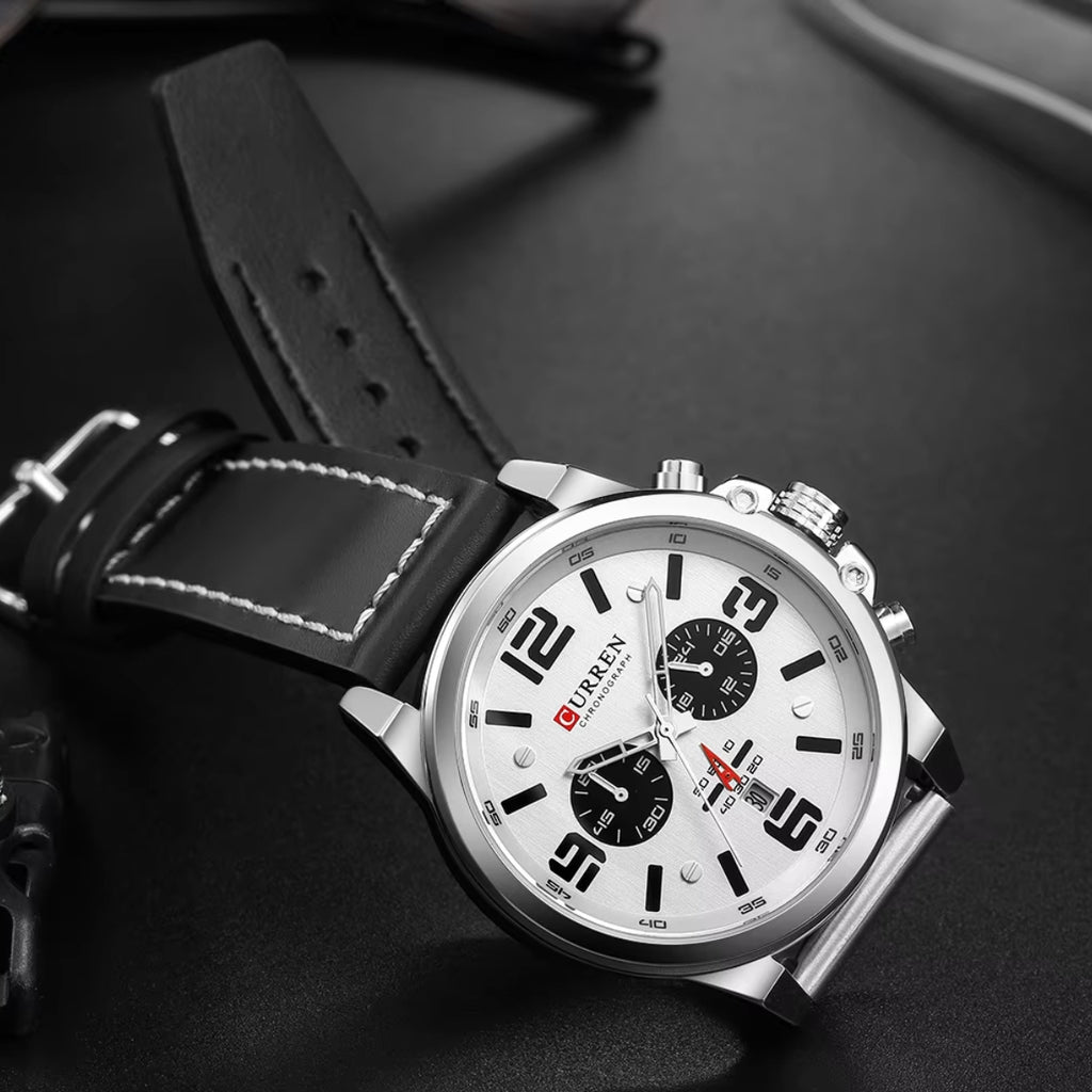 Curren 8314 Men Sport Chronograph Watch Top Fashion Genuine Leather Wristband Waterproof Quartz White