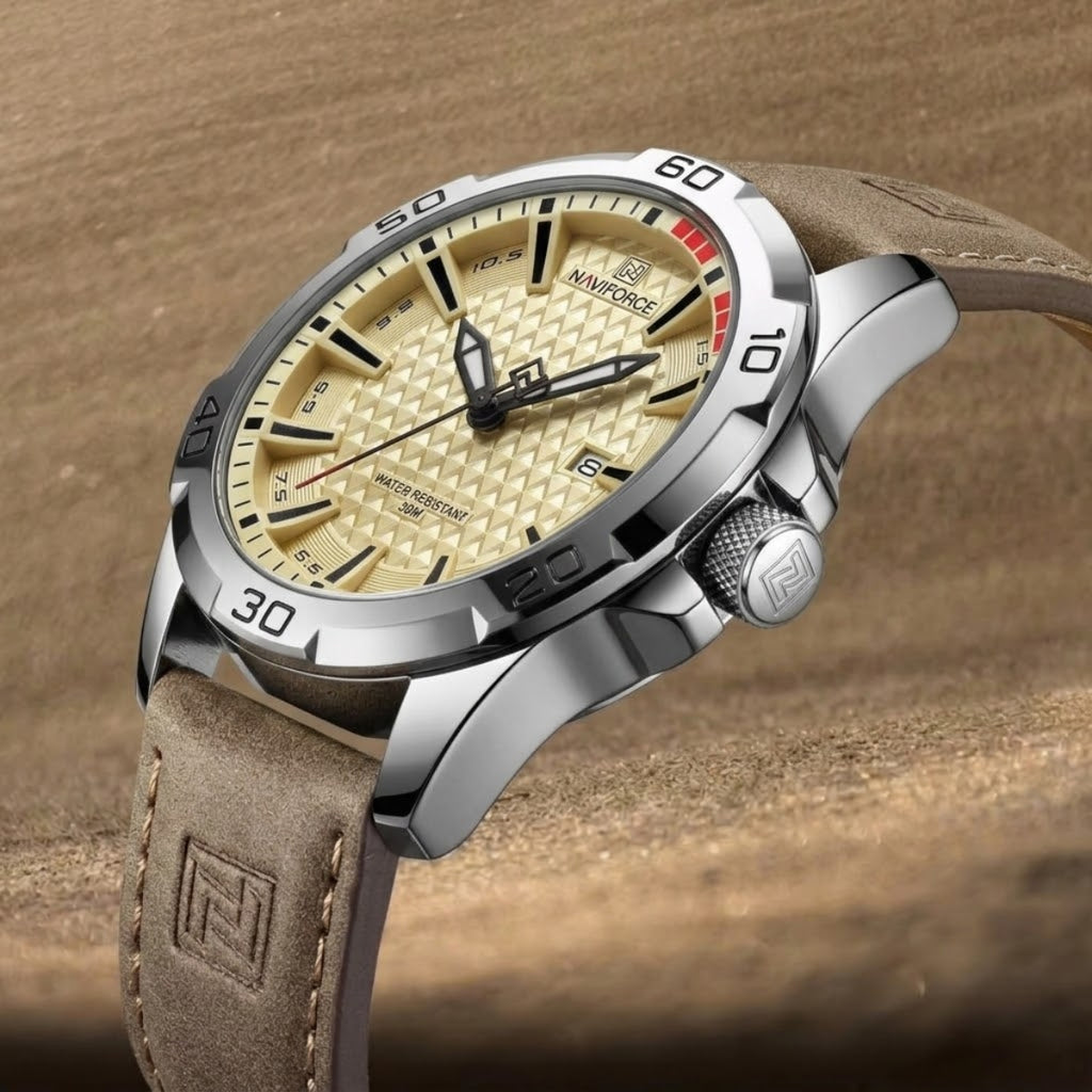 NAVIFORCE 8023 Men’s Original Fashion Watch – Waterproof Quartz Leather Wristwatch with Calendar Khaki