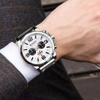 Curren 8314 Men Sport Chronograph Watch Top Fashion Genuine Leather Wristband Waterproof Quartz White