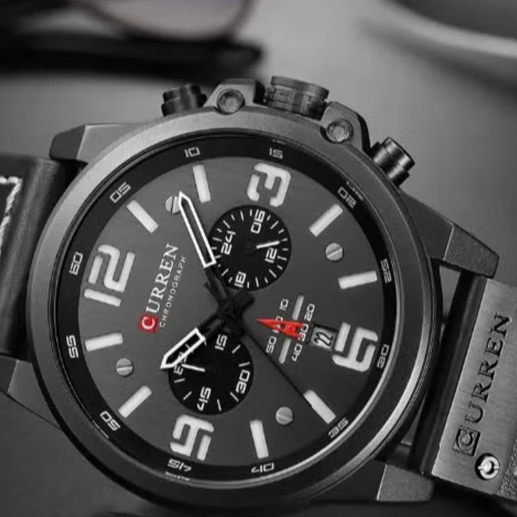 Curren 8314 Men Sport Chronograph Watch Top Fashion Genuine Leather Wristband Waterproof Quartz Black 8314