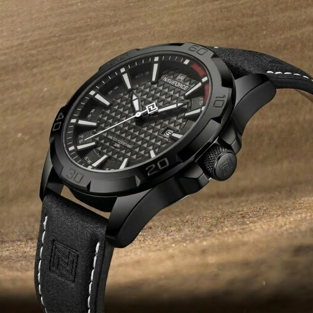 NAVIFORCE 8023 Men’s Original Fashion Watch – Waterproof Quartz Leather Wristwatch with Calendar Black and White