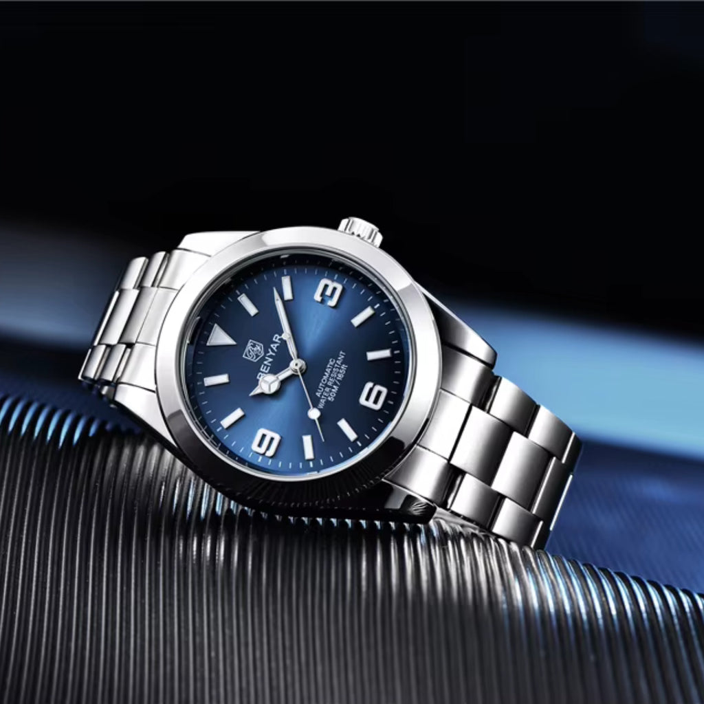 BENYAR 5177 Men’s Automatic Mechanical Watch - Blue Dial Stainless Steel Strap