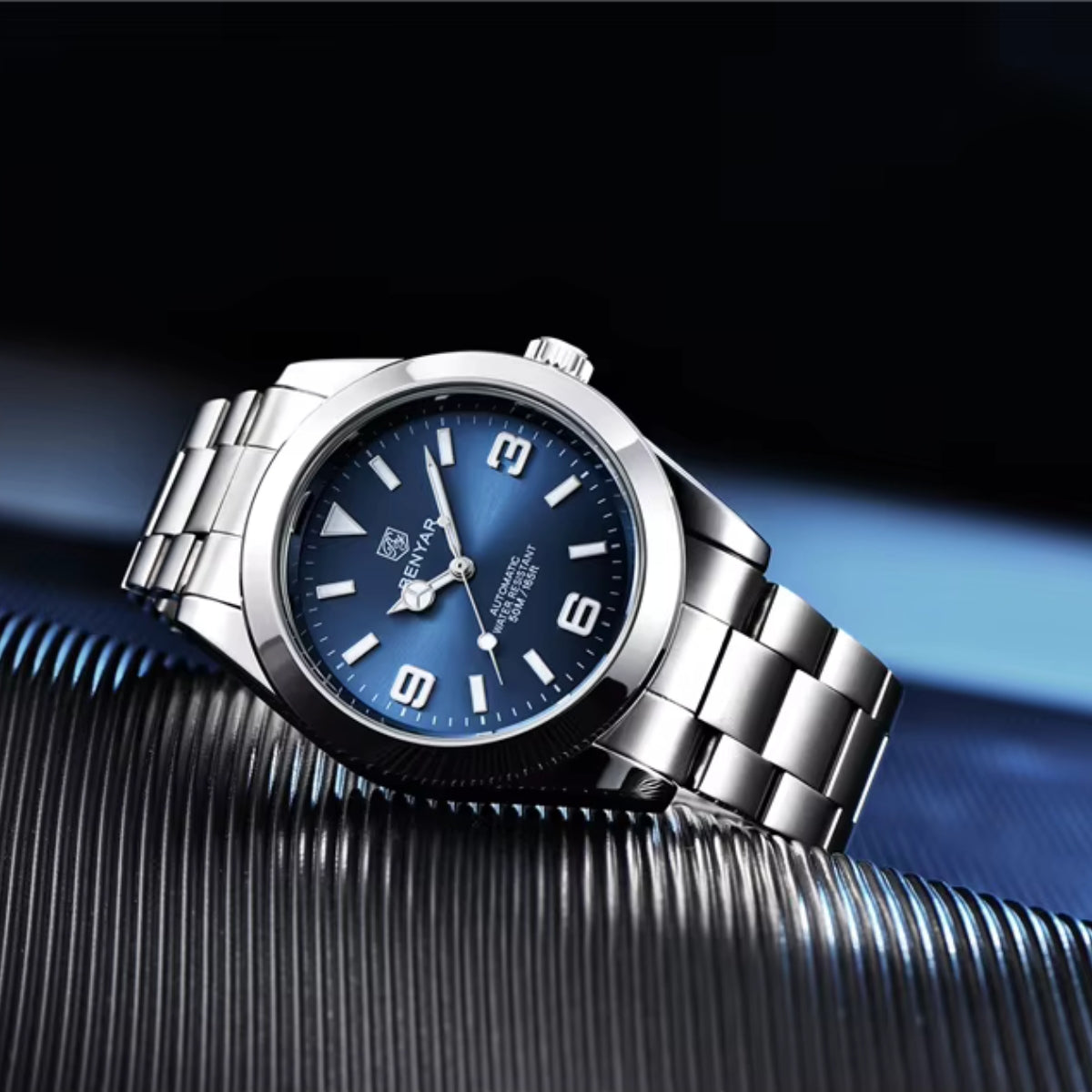 BENYAR 5177 Men’s Automatic Mechanical Watch - Blue Dial Stainless Steel Strap