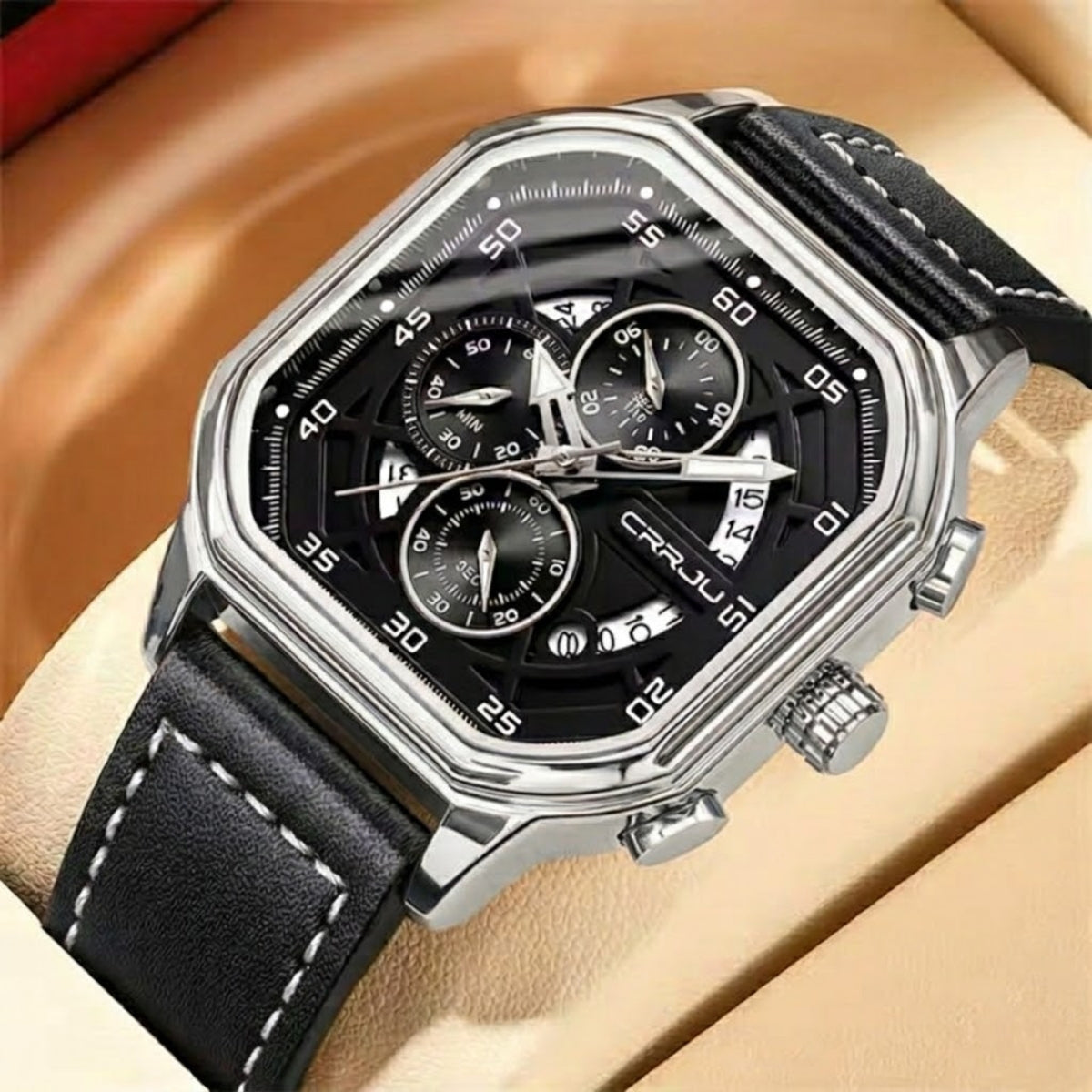 CRRJU 2314 Men’s Luxury Chronograph Watch – 3ATM Waterproof, Luminous Hands, Complete Calendar, Fashion Wristwatch Black Silver