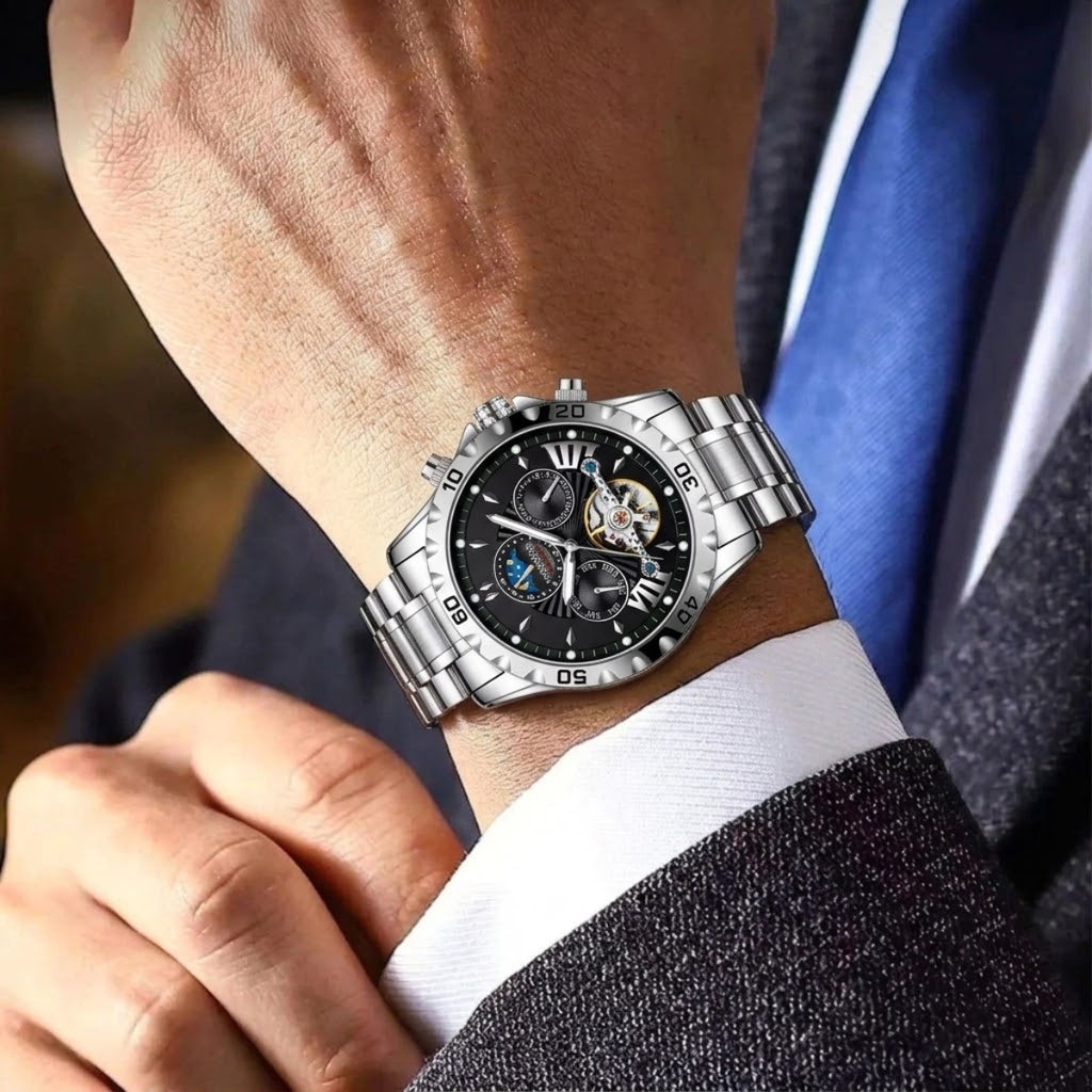 Poedagar 1410 Men’s Automatic Watch – Luxury Stainless Steel Hollow Tourbillon Mechanical Wristwatch Black Dial