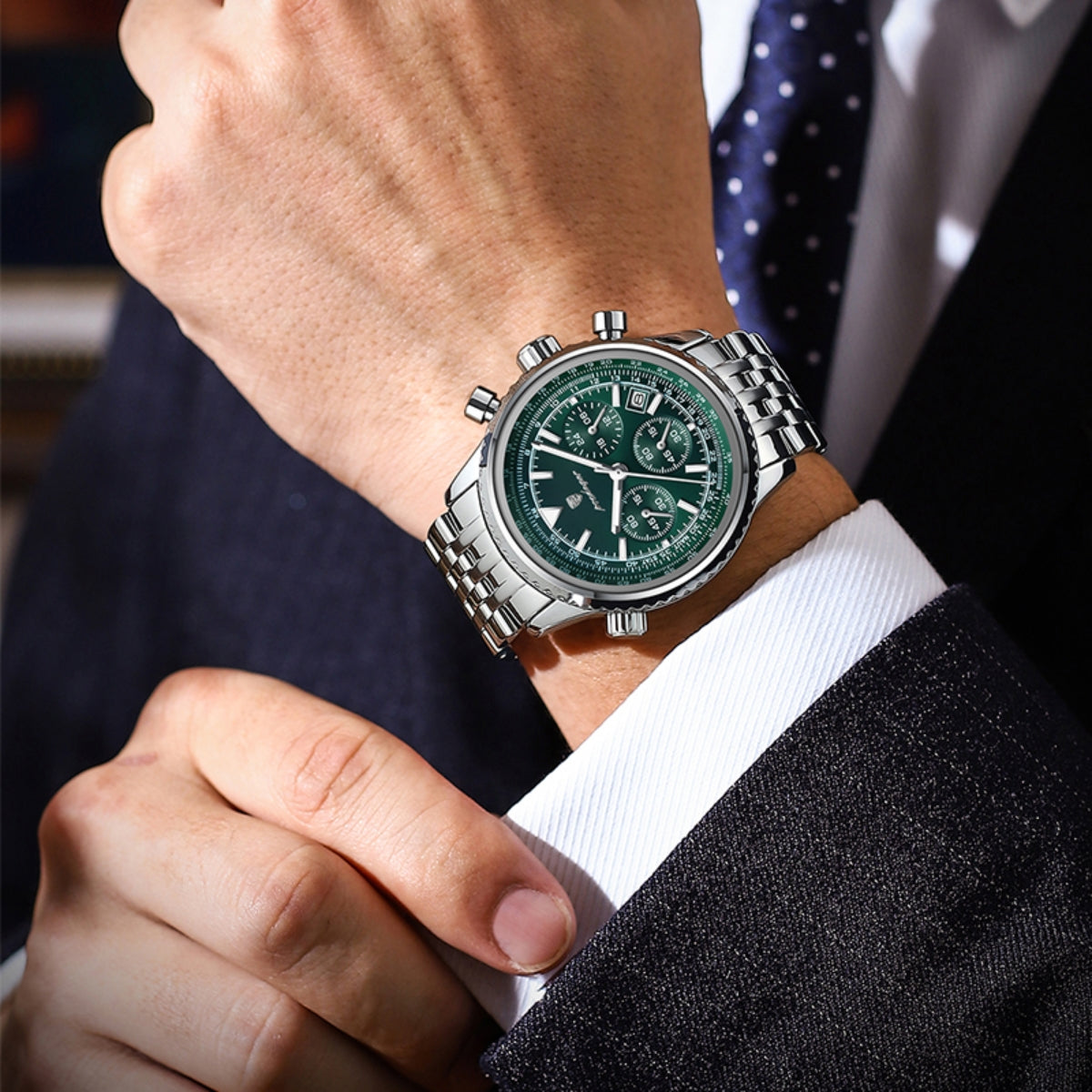 Poedagar 960 Men’s Luxury Watch – Stainless Steel Chronograph Waterproof Quartz with Luminous Green Dial