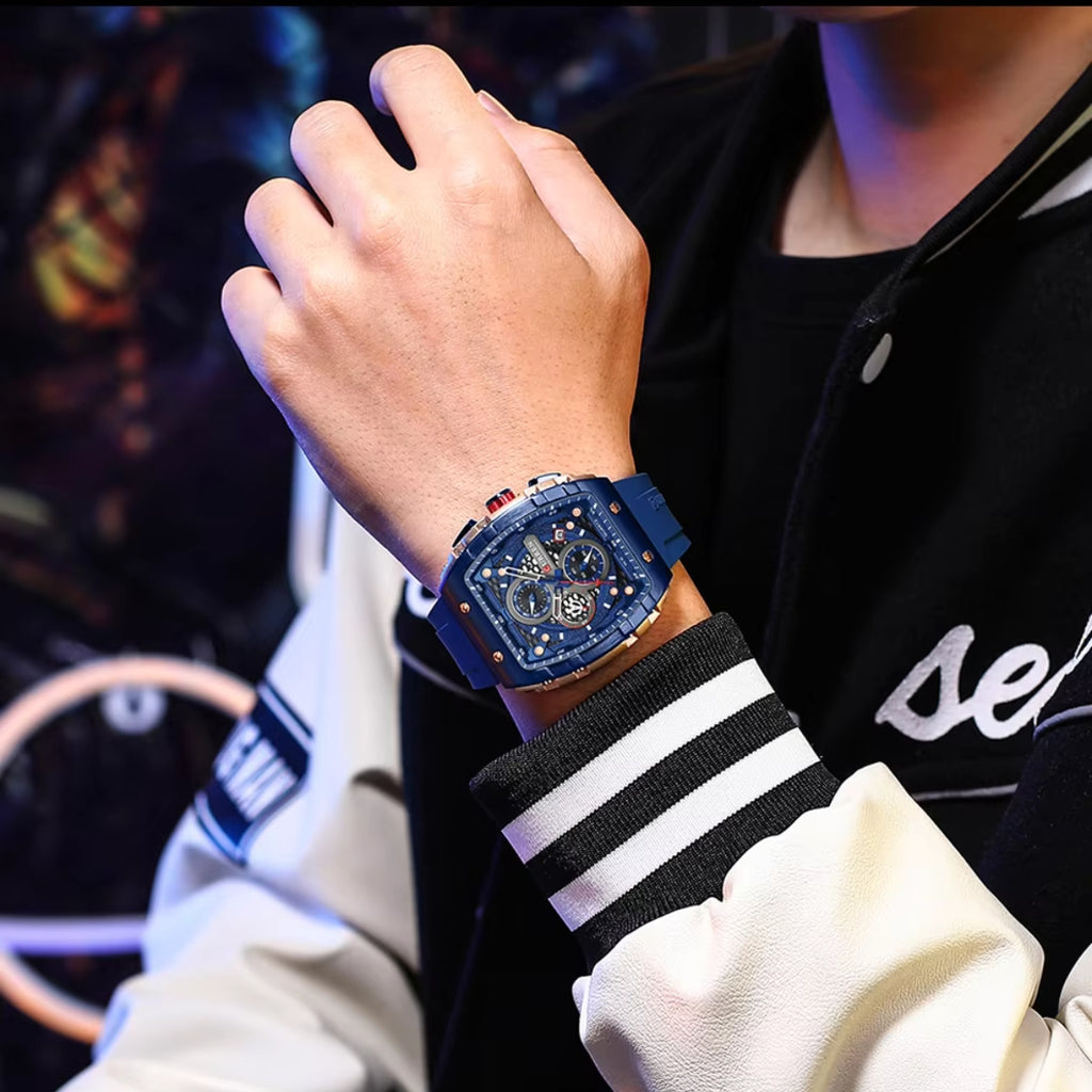 CURREN 8442 Tonneau Dial Sport Watch for Men Waterproof Quartz Blue Silicone Strap