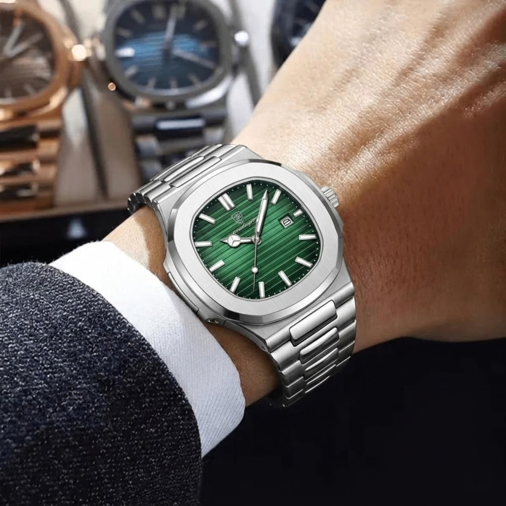 Poedagar 613 Men’s Luxury Stainless Steel Watch – Waterproof Quartz Wristwatch with Luminous Green Dial