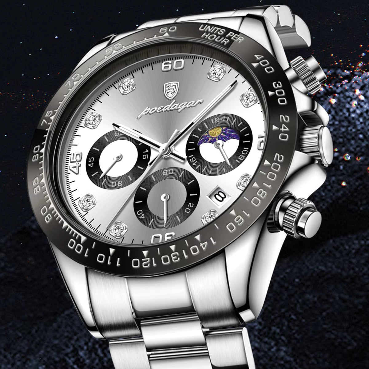 POEDAGAR 629 Men’s Luxury Sport Watch – Stainless Steel Chronograph Quartz with Luminous Date & Waterproof Silver