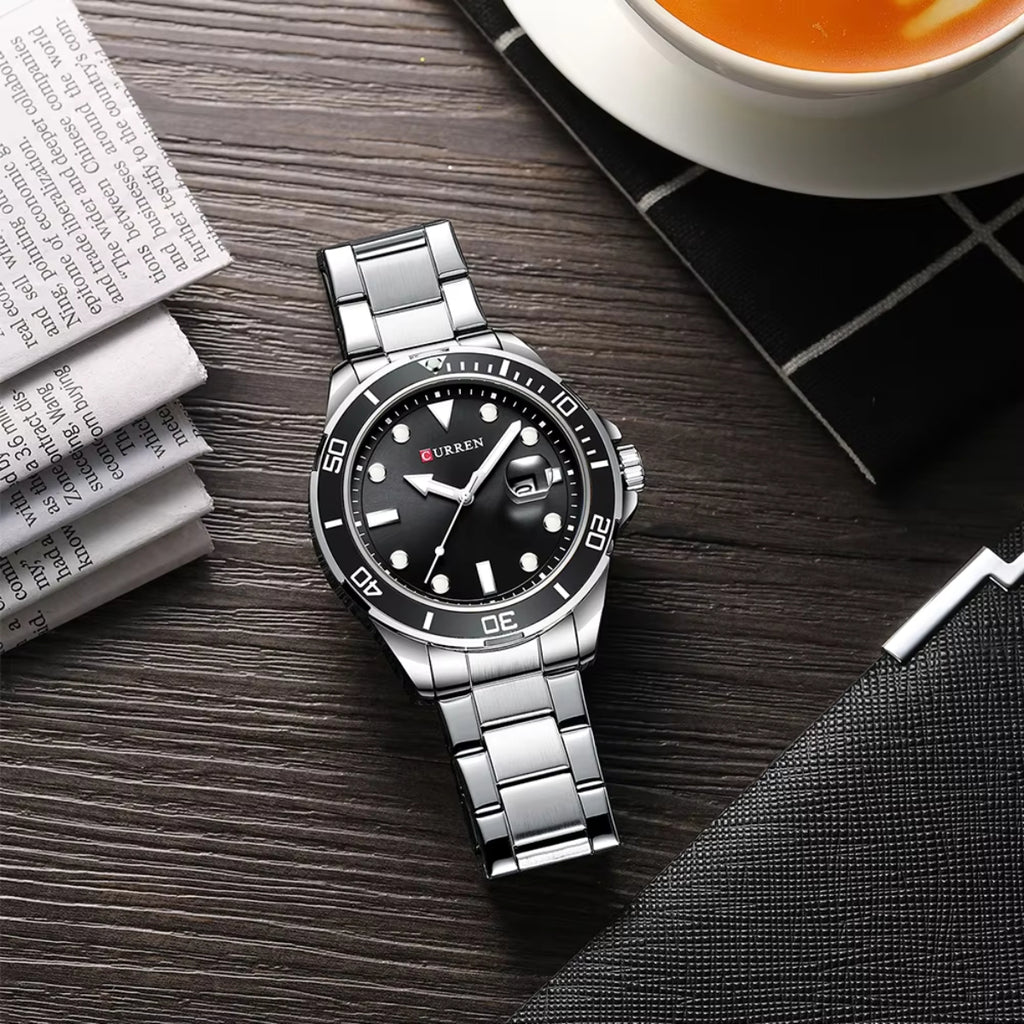CURREN 8388 Men’s Luxury Quartz Watch 3ATM Waterproof Stainless Steel Classic Wristwatch Silver and Black