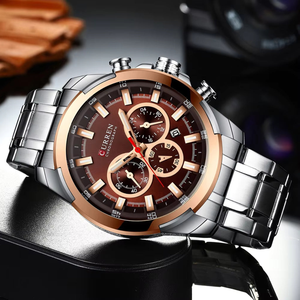 CURREN 8361 Men’s Luxury Chronograph Stainless Steel Waterproof Quartz Sports Watch with Date Silver and Brown