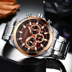 CURREN 8361 Men’s Luxury Chronograph Stainless Steel Waterproof Quartz Sports Watch with Date Silver and Brown