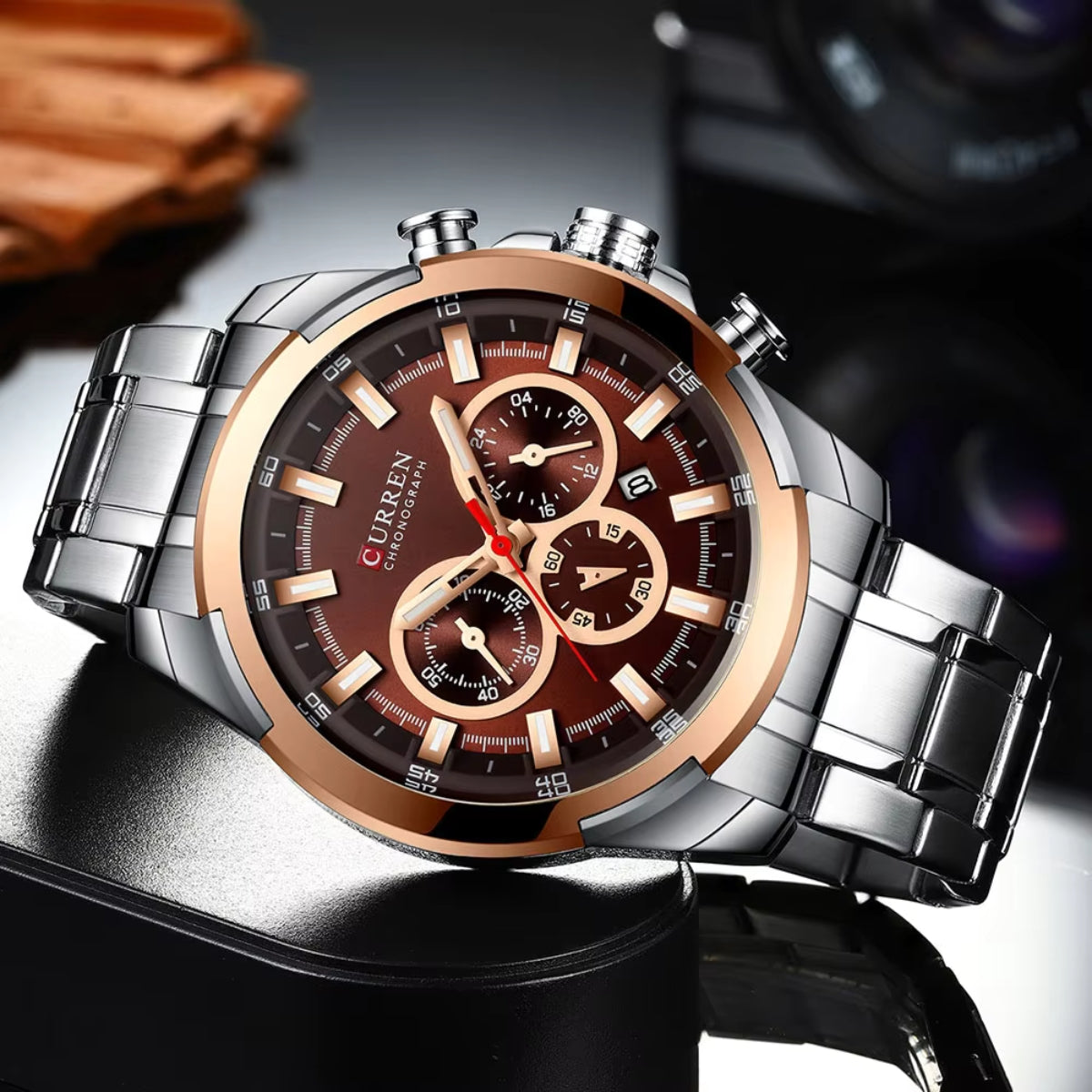 CURREN 8361 Men’s Luxury Chronograph Stainless Steel Waterproof Quartz Sports Watch with Date Silver and Brown