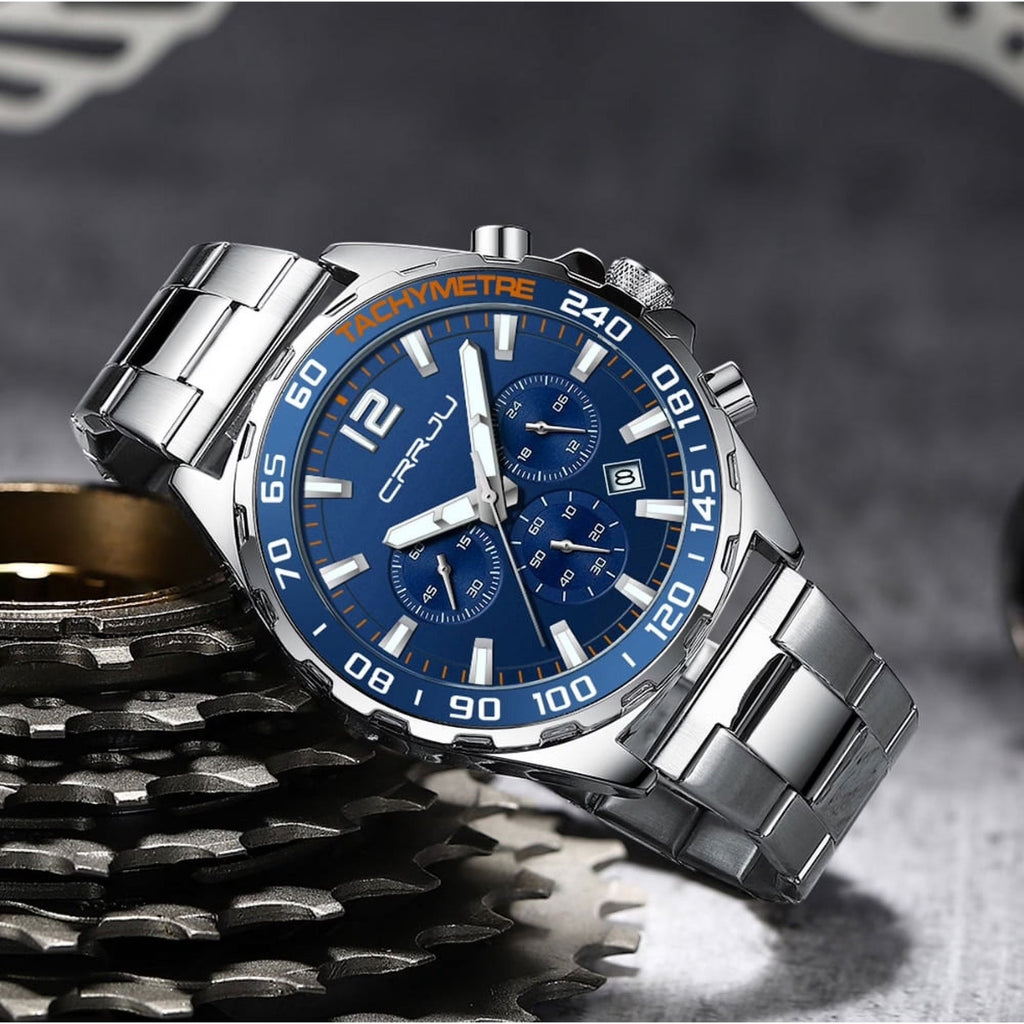 CRRJU 2299 Luxury Chronograph Watch – Premium Stainless Steel Bracelet, Elegant Business Wristwatch for Men Blue Silver