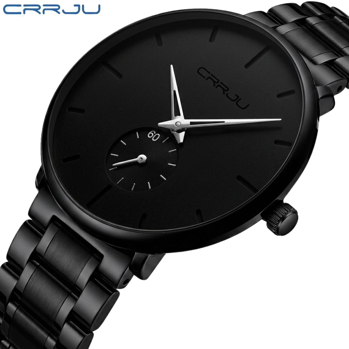 CRRJU 2150 Luxury Quartz Watch – Premium Stainless Steel Band, Casual Black Wristwatch for Men Black Silver