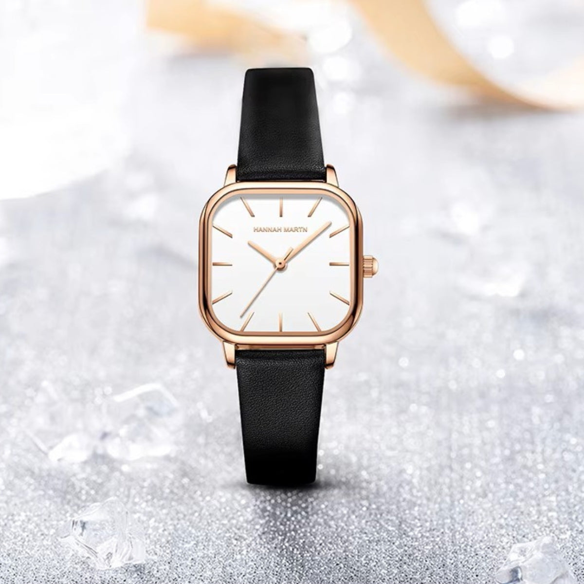 Hannah Martin 1591 Women’s Square Watch – Waterproof Leather Quartz Business Wristwatch White and Black