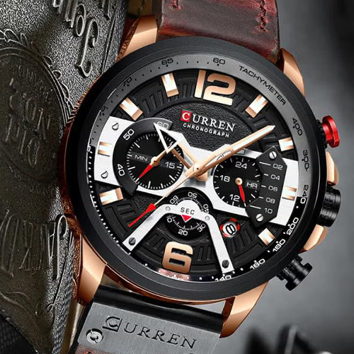 CURREN 8329 Men Watch Leather Sports Watch Quartz Fashion Chronograph Waterproof Brown