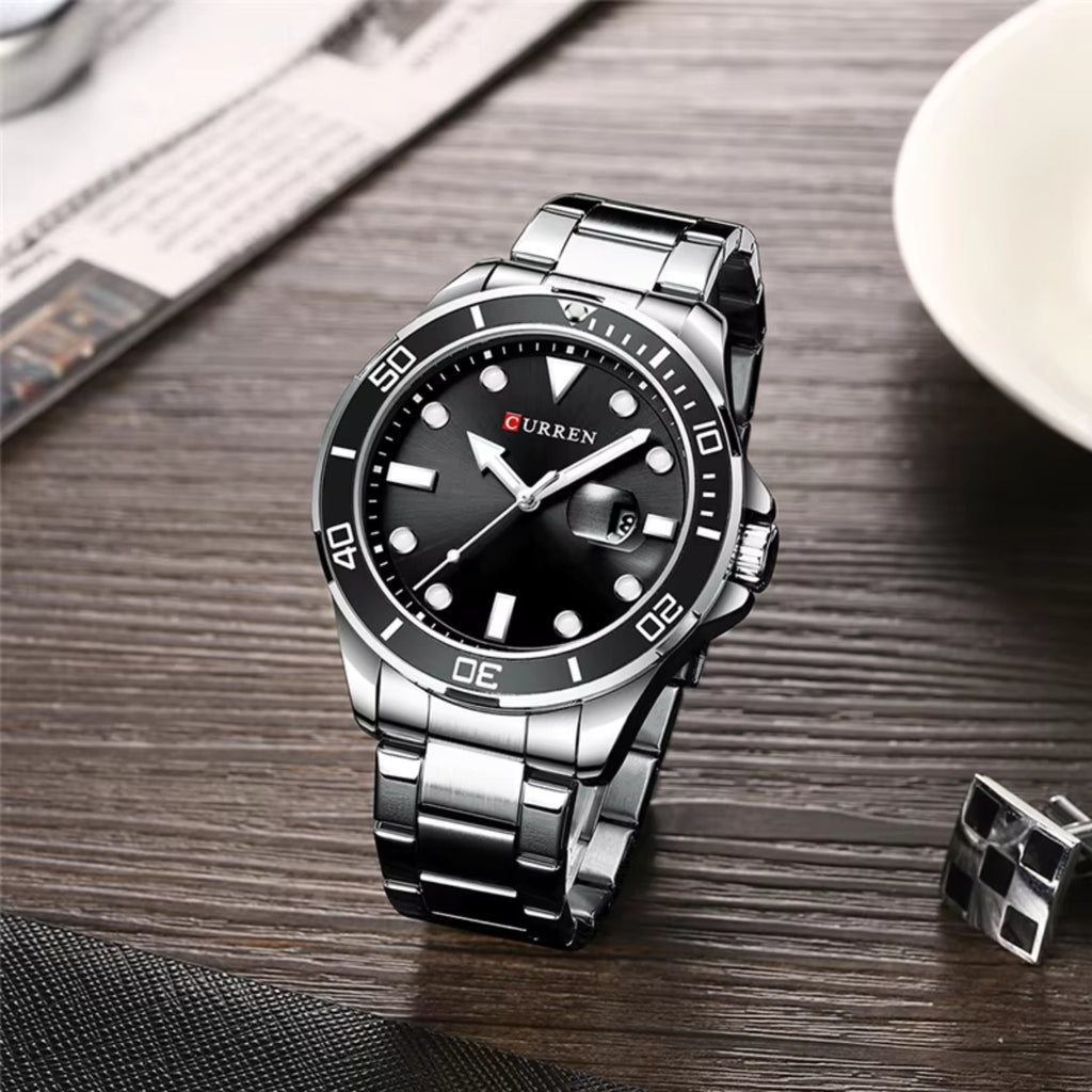CURREN 8388 Men’s Luxury Quartz Watch 3ATM Waterproof Stainless Steel Classic Wristwatch Silver and Black