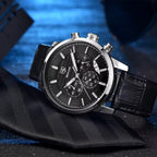 BENYAR 5104 Men’s Business Three Chronograph Sub Dial Watch Black and Silver Leather Strap