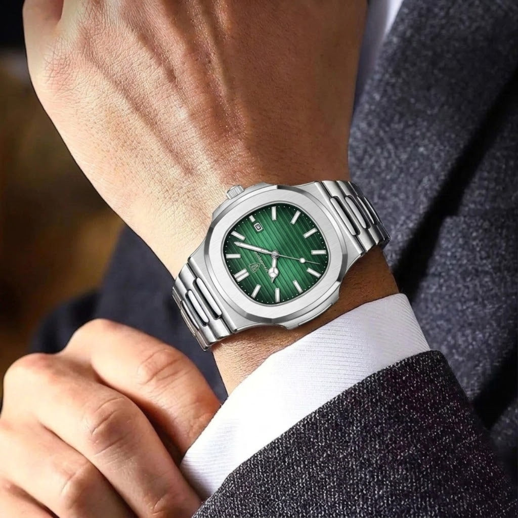 Poedagar 613 Men’s Luxury Stainless Steel Watch – Waterproof Quartz Wristwatch with Luminous Green Dial