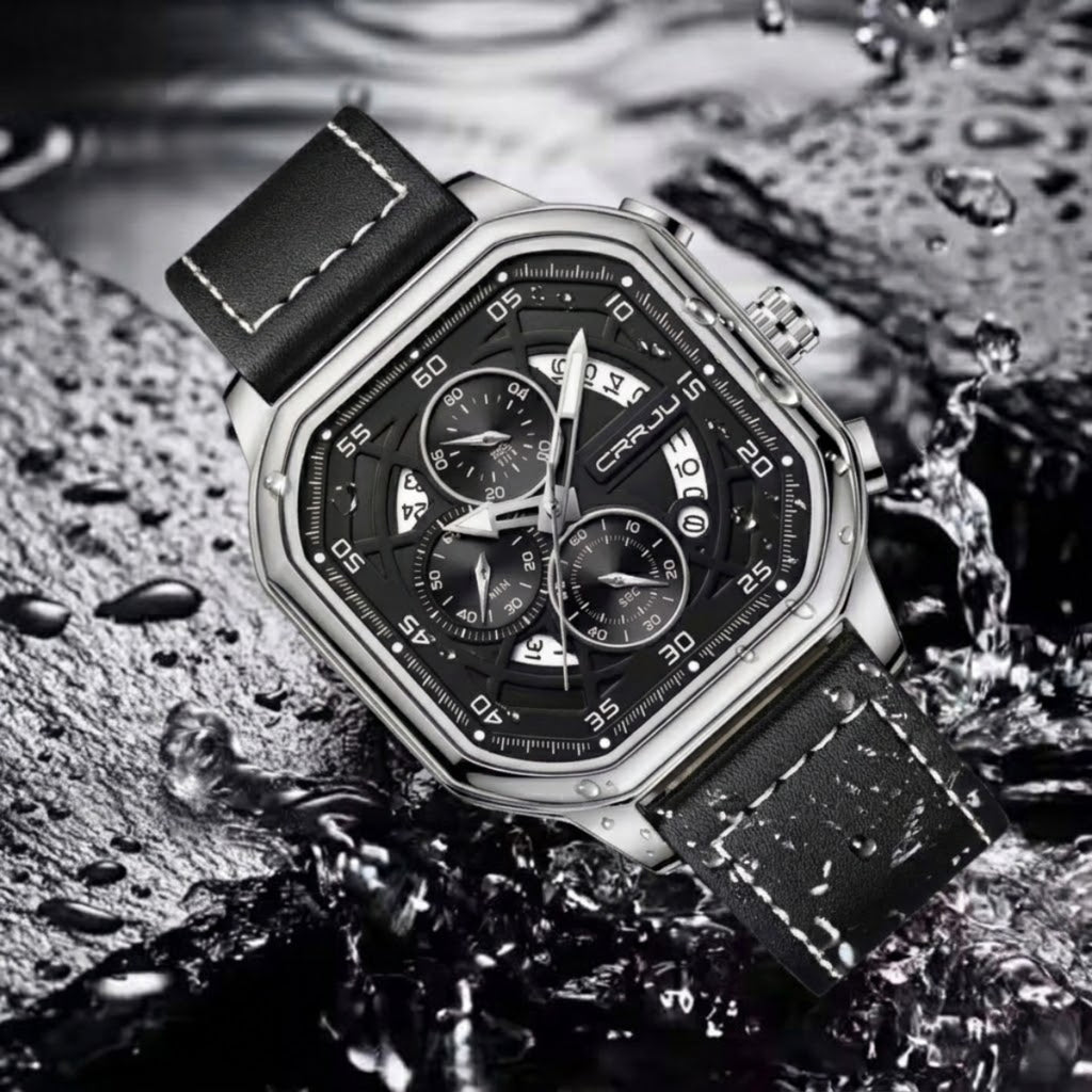 CRRJU 2314 Men’s Luxury Chronograph Watch – 3ATM Waterproof, Luminous Hands, Complete Calendar, Fashion Wristwatch Black Silver
