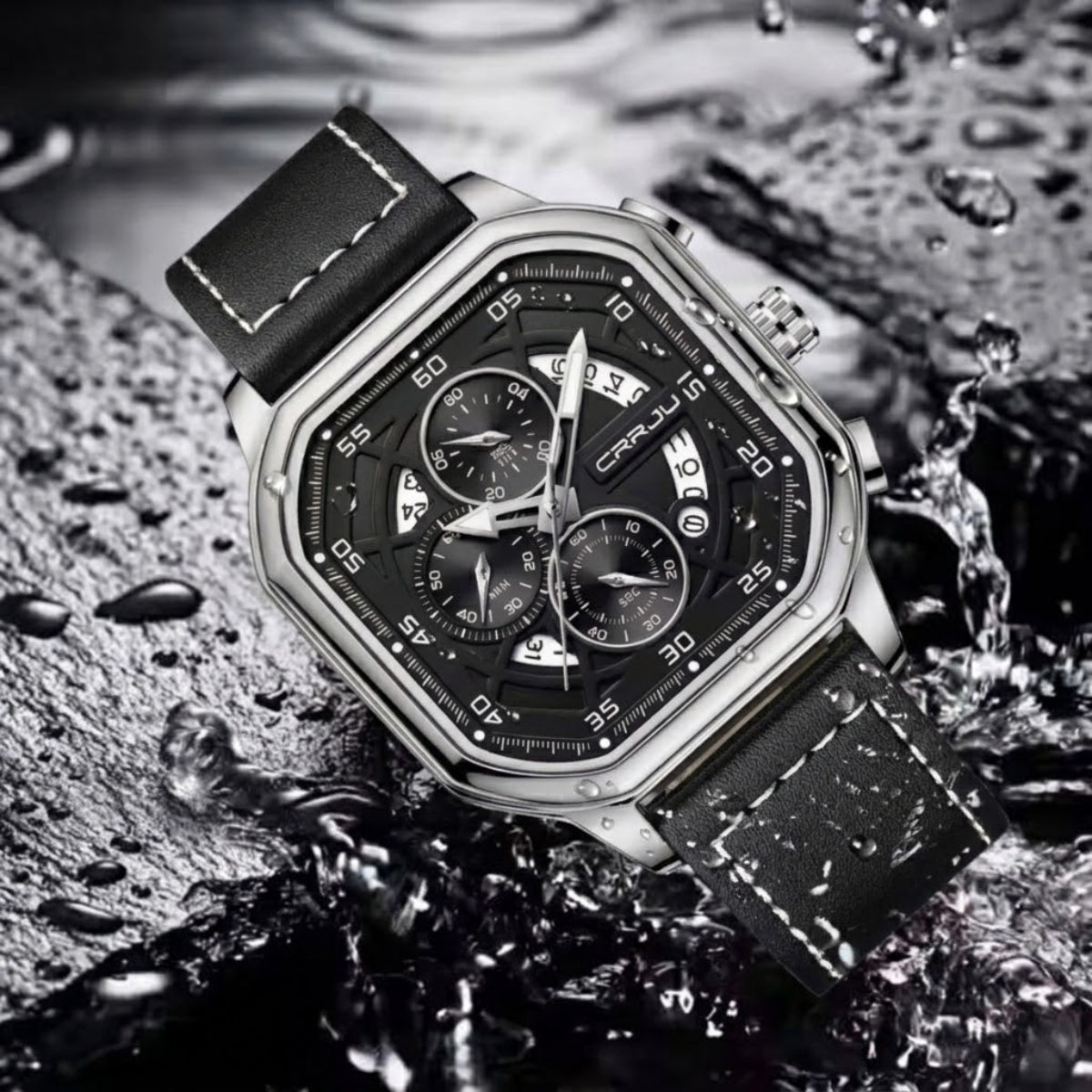 CRRJU 2314 Men’s Luxury Chronograph Watch – 3ATM Waterproof, Luminous Hands, Complete Calendar, Fashion Wristwatch Black Silver