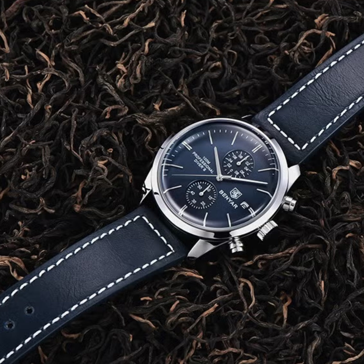 BENYAR 5187 Men’s Luxury Quartz Watch – Leather Band with Chronograph - Blue Dial
