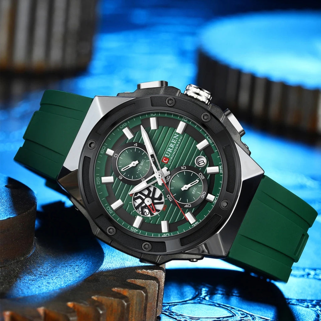 CURREN 8462 Men’s Sport Chronograph Luminous Waterproof Watch with Silicone Strap & Date Green Silver