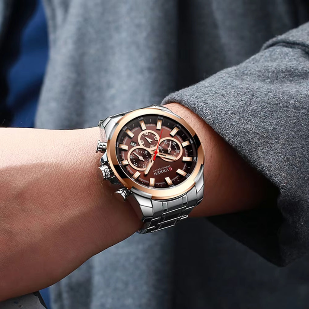 CURREN 8361 Men’s Luxury Chronograph Stainless Steel Waterproof Quartz Sports Watch with Date Silver and Brown